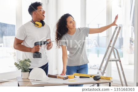 Maintenance, renovation and planning with a couple in the new home together for a remodeling project. Construction, real estate or property vision with a man and woman bonding over house maintenance Maintenance, renovation and planning with a couple in the new home together for a remodeling project. Construction, real estate or property vision with a man and woman bonding over house maintenance 135168303