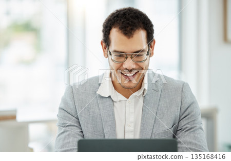 Computer, excited and business man reading news, email or feedback for finance, company bonus or job opportunity. Happy professional person working on laptop in office for results, sales or surprise 135168416