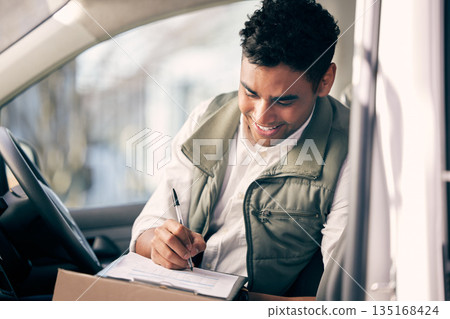 Delivery man, checklist and working on a box in the van, courier service or portrait of employee shipping package. Person, supplier or writing with clipboard, list and logistics of products Delivery man, checklist and working on a box in the van, courier service or portrait of employee shipping package. Person, supplier or writing with clipboard, list and logistics of products 135168424