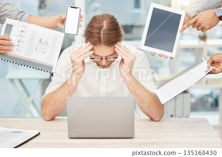 Stress, chaos and business man headache on laptop, documents and phone call, documents and burnout in office. Mental health, people hands and manager with fatigue, tablet screen and cellphone mockup Stress, chaos and business man headache on laptop, documents and phone call, documents and burnout in office. Mental health, people hands and manager with fatigue, tablet screen and cellphone mockup 135168430