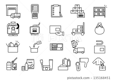 一套簡潔的黑白圖標,適用於電子商務物流和代理服務 一套簡潔的黑白圖標,適用於電子商務物流和代理服務 135168451