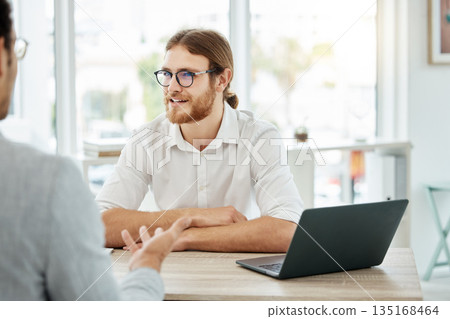 Interview, meeting and business man talking, planning and startup advice, b2b collaboration or website design consulting. Laptop, web ideas and discussion of professional people or clients in office 135168464