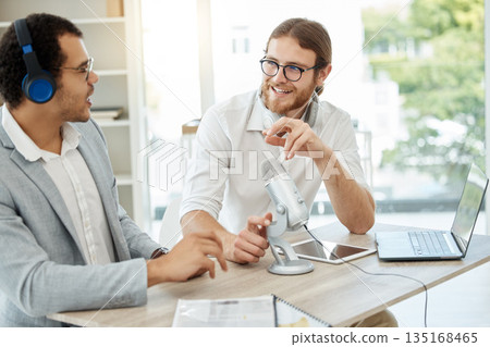 Podcast, interview and business people on microphone, broadcast and talking, finance and advice in office. Radio, live streaming and professional man, partner or financial advisor, discussion or news 135168465