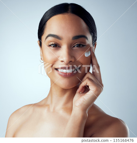 Skincare, face cream and woman in studio for dermatology, wellness or hydration on grey background. Portrait, sunscreen and lady model relax with collagen, mask or lotion, beauty or anti aging facial Skincare, face cream and woman in studio for dermatology, wellness or hydration on grey background. Portrait, sunscreen and lady model relax with collagen, mask or lotion, beauty or anti aging facial 135168476