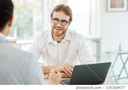 Interview, meeting and business people discussion, planning and startup advice, b2b collaboration or web design consulting. Laptop, website proposal and happy professional man with partner in office 135168477
