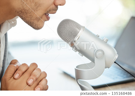 Podcast, microphone and business man mouth, speaking or online broadcast on web 3.0 platform, tech and office. Advice, speaker and influencer person voice or talking news, politics or media on radio 135168486