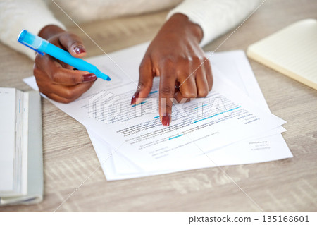 Closeup, hands and black woman with documents, notes and lawyer checking contract, highlight and reading. Zoom, female person or employee with paperwork, learning and agreement with deal and feedback 135168601