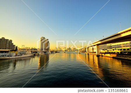 Tokyo Odaiba, Shuto Expressway Bayshore Route, Ariake Junction evening view Tokyo Odaiba, Shuto Expressway Bayshore Route, Ariake Junction evening view 135168661
