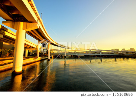 Tokyo Odaiba, Shuto Expressway Bayshore Route, Ariake Junction evening view Tokyo Odaiba, Shuto Expressway Bayshore Route, Ariake Junction evening view 135168696