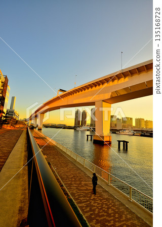 Tokyo Odaiba, Shuto Expressway Bayshore Route, Ariake Junction evening view Tokyo Odaiba, Shuto Expressway Bayshore Route, Ariake Junction evening view 135168728
