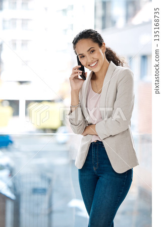 Phone call, smile and portrait of business woman in office for networking, happy and conversation. Communication app, contact and technology with employee by window for connection and entrepreneur 135168735