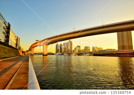 Tokyo Odaiba, Shuto Expressway Bayshore Route, Ariake Junction evening view Tokyo Odaiba, Shuto Expressway Bayshore Route, Ariake Junction evening view 135168754