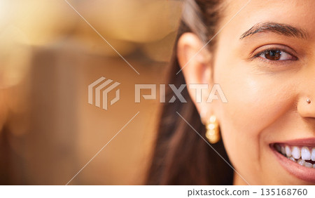 Happy, beauty and portrait of woman with smile for cosmetics, natural makeup and confidence. Mockup space, dermatology and face closeup of female on bokeh background with smooth, healthy or skin glow 135168760