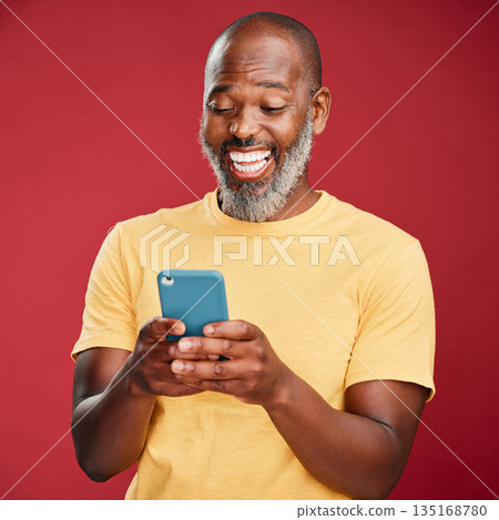 Studio, black man and smile for phone communication, social media or online announcement. Mobile, mockup and person happy ux with app, reading website or typing post on internet or search on web 135168780