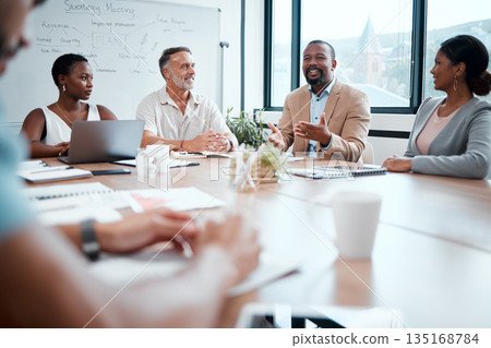 Happy business people, meeting and strategy in planning, team discussion or sharing idea at office. Group of employees in teamwork, collaboration or discussing project plan in conference at workplace 135168784