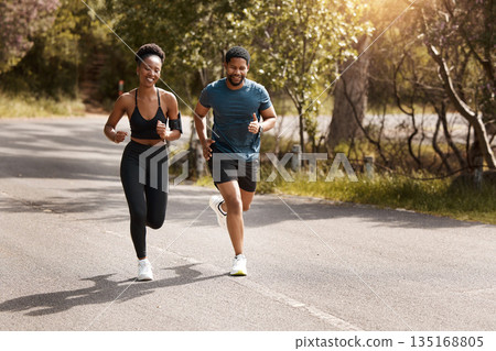Health, exercise and black couple running, nature and workout goal with endurance, training and wellness. Runners, man and woman in the street, run and progress with health, performance and fitness 135168805