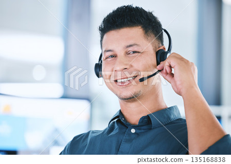 Call center, customer service and face of a man with headset for contact us communication. Crm, telemarketing and sales or happy technical support agent or consultant person portrait with microphone Call center, customer service and face of a man with headset for contact us communication. Crm, telemarketing and sales or happy technical support agent or consultant person portrait with microphone 135168838