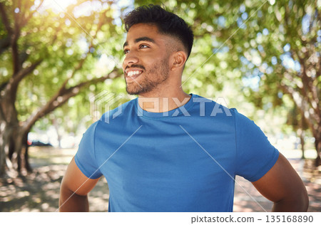 Fitness, smile and man or runner outdoor for exercise, training or running at a park. Happy Indian male athlete in nature or forest for a workout, run and break while thinking of goals or performance Fitness, smile and man or runner outdoor for exercise, training or running at a park. Happy Indian male athlete in nature or forest for a workout, run and break while thinking of goals or performance 135168890