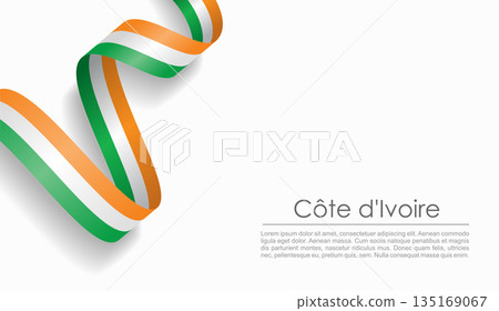 Ivorian flag wavy ribbon, ideal for patriotic or cultural design themes. Vector illustration. 135169067