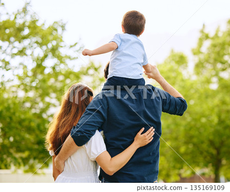 Dad, son and girl in park with back, hug and sitting on shoulders with care, love and walk together in summer. Man, young children and embrace with piggyback, trees and forrest with bond on holiday Dad, son and girl in park with back, hug and sitting on shoulders with care, love and walk together in summer. Man, young children and embrace with piggyback, trees and forrest with bond on holiday 135169109