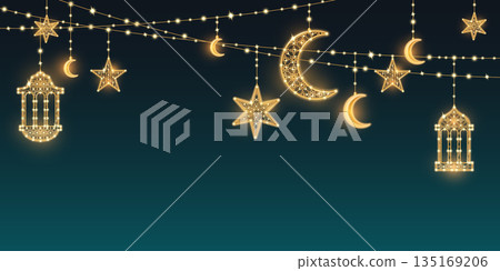 Eid Ramadan lights garland on dark blue background Eid Ramadan lights garland on dark blue background 135169206