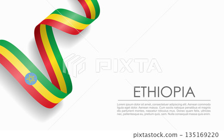 Ethiopian flag wavy ribbon, ideal for patriotic or cultural design themes. Vector illustration. 135169220