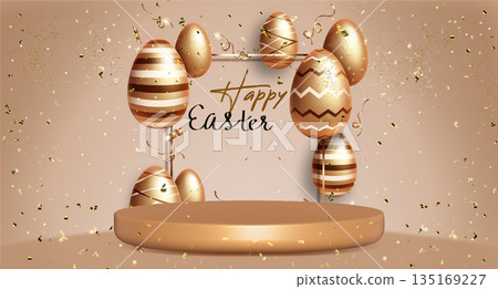 Round stage and golden Easter eggs on white Round stage and golden Easter eggs on white 135169227