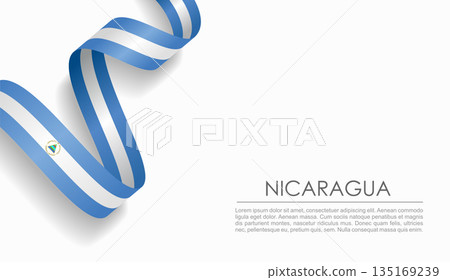 Nicaraguan flag wavy ribbon, ideal for patriotic or cultural design themes. Vector illustration. 135169239