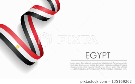 Egyptian flag wavy ribbon, ideal for patriotic or cultural design themes. Vector illustration. 135169262