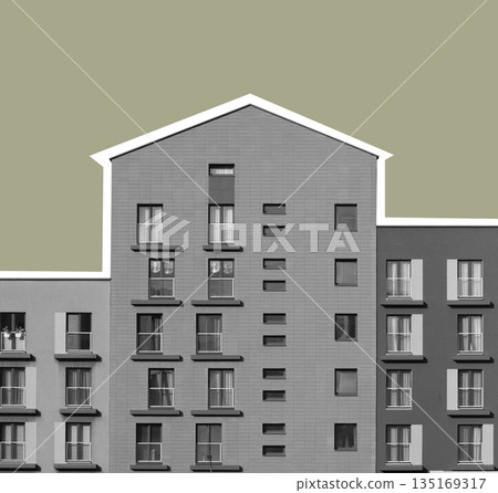 Black and white architectural view of modern residential building with geometric facade symmetrical Black and white architectural view of modern residential building with geometric facade symmetrical 135169317