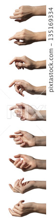 Collection of human hand positions with extended index finger shown in eight sequential stages 135169334