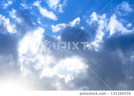 Cloud in sky with cumulus formation. Fluffy white cloudscape in bright summer weather, natural Cloud in sky with cumulus formation. Fluffy white cloudscape in bright summer weather, natural 135169356