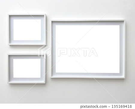 Wall in gallery with empty art frames. Blank modern exhibition display with clean white template, 135169418