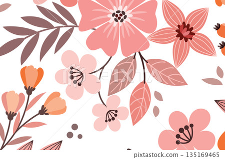 Floral pattern with pink and orange flowers on white background vector Floral pattern with pink and orange flowers on white background vector 135169465