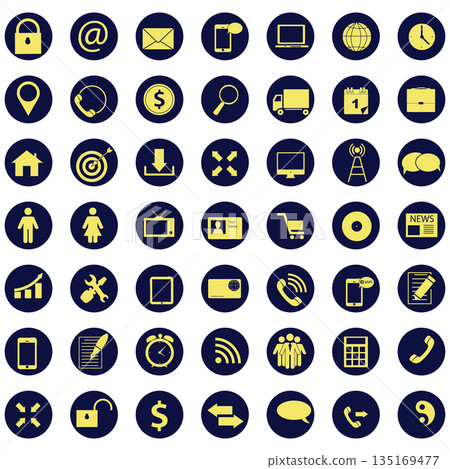 Comprehensive set of minimalist yellow icons on dark blue background Comprehensive set of minimalist yellow icons on dark blue background 135169477