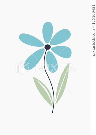 Simple blue flower illustration with leaves on clean white background 135169481