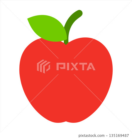 Simple red apple illustration with green leaf and stem on white Simple red apple illustration with green leaf and stem on white 135169487