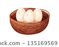 Bird nest with bird eggs isolated. Nest from sticks, branches decorated leaves. Forest bird home. Spring new life.  135169569