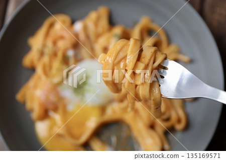Flat noodle fettuccine with rich shrimp cream pasta Flat noodle fettuccine with rich shrimp cream pasta 135169571