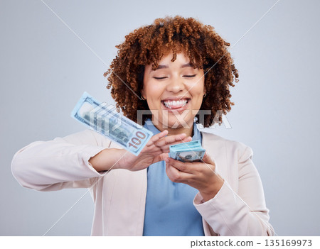 Woman throw cash from hands isolated on a white background in winning, wealth success or financial freedom. Excited african person or happy winner with money rain bonus, cashback or lottery in studio Woman throw cash from hands isolated on a white background in winning, wealth success or financial freedom. Excited african person or happy winner with money rain bonus, cashback or lottery in studio 135169973