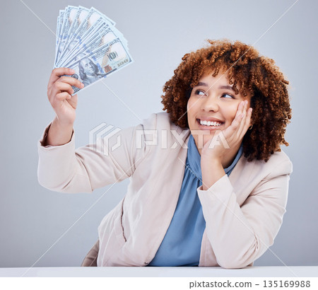 Face, money and woman with cash in studio, mockup or payment from lottery, competition or financial winner. Female person, finance award or bonus prize in savings, trading investment or bank bills Face, money and woman with cash in studio, mockup or payment from lottery, competition or financial winner. Female person, finance award or bonus prize in savings, trading investment or bank bills 135169988