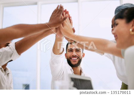 High five, business people and group success, support and teamwork for company sales, meeting goals and winning. Yes, celebration and happy women, men or team hands together for help or target reach 135170011