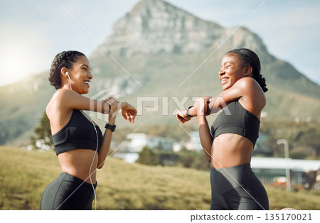 Fitness friends in nature, women stretching arms for workout with happiness and active lifestyle in park. Exercise outdoor, healthy and happy with female people training and warm up together 135170021