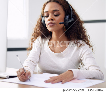 Call center, serious woman and writing notes for support, customer service and CRM consulting in office. Focused female agent, consultant and documents for telemarketing, administration and web sales Call center, serious woman and writing notes for support, customer service and CRM consulting in office. Focused female agent, consultant and documents for telemarketing, administration and web sales 135170067