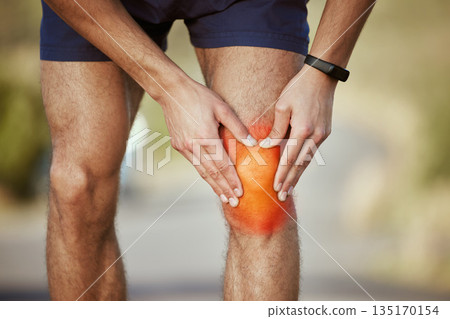 Man, hands and runner with knee pain, injury or sore inflammation on bone in the outdoors. Hand of male person or athlete holding painful area in sports leg accident, fitness or bruise from running 135170154
