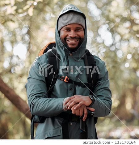 Black man, portrait smile and hiking in nature for travel, adventure and journey in the outdoors. Happy African male person or hiker smiling in trekking, walk or hike for fitness, workout or exercise Black man, portrait smile and hiking in nature for travel, adventure and journey in the outdoors. Happy African male person or hiker smiling in trekking, walk or hike for fitness, workout or exercise 135170164