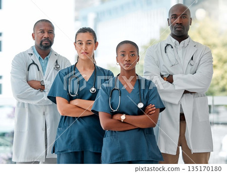 Hospital, teamwork and portrait of doctors with crossed arms for medical care, wellness and support. Healthcare, clinic and men and women health worker for cardiology service, consulting or insurance 135170180