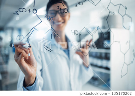 Science, formula and woman writing chemistry equation for medical research, analysis and solution. Healthcare, pharmaceutical and happy female scientist with tablet write on glass wall in laboratory 135170202