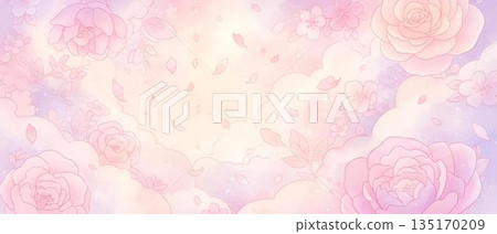 Pastel pink flowers and clouds background illustration - A fairytale-like, cute pastel color wallpaper 135170209
