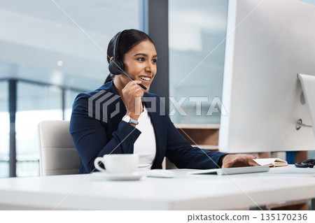 Call center, woman and talking at computer in office for customer service, tech support and sales consulting. Happy female agent, telemarketing and communication at desktop for telecom, CRM or advice Call center, woman and talking at computer in office for customer service, tech support and sales consulting. Happy female agent, telemarketing and communication at desktop for telecom, CRM or advice 135170236